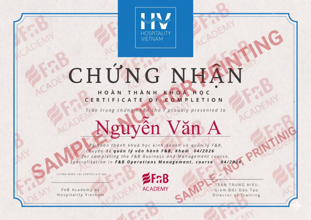FnB Academy - Chứng nhận - Mẫu - Certificate
